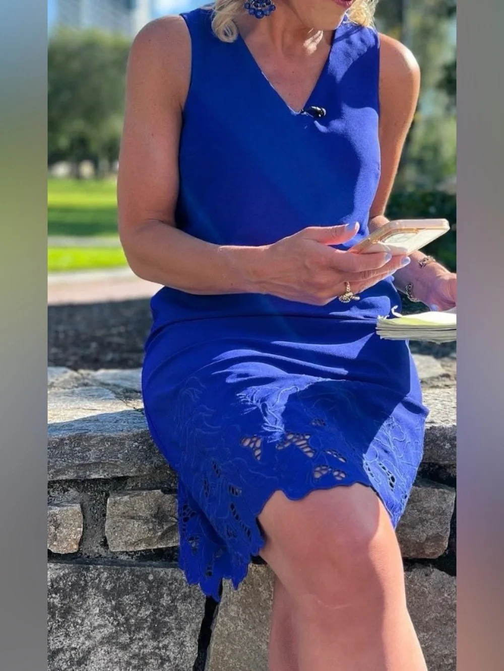 Royal Blue Sleeveless V-Neck Lace Hem Dress - Picture 2 of 5